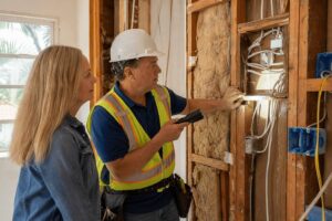 Building inspector with a flashlight examining wiring in an exposed wall during a remodel inspection, checking for unpermitted prior work in a Santa Barbara home
