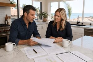 Contractor and homeowner comparing detailed written remodeling quotes and contract scope at a kitchen island in a Santa Barbara home