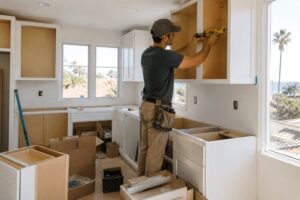 Contractor installing new custom kitchen cabinets during a Santa Barbara kitchen remodel, cabinetry the largest share of a typical remodel budget