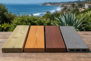 Wood vs Composite Decking: Which Holds Up Best on the Santa Barbara Coast? 2 Decking material samples of pressure-treated pine, cedar, ipe hardwood, and grey capped composite boards compared at a coastal California deck project