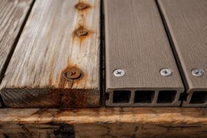 Corroded galvanized deck screws with rust stains compared to corrosion-resistant 316 stainless steel fasteners for coastal salt-air decks