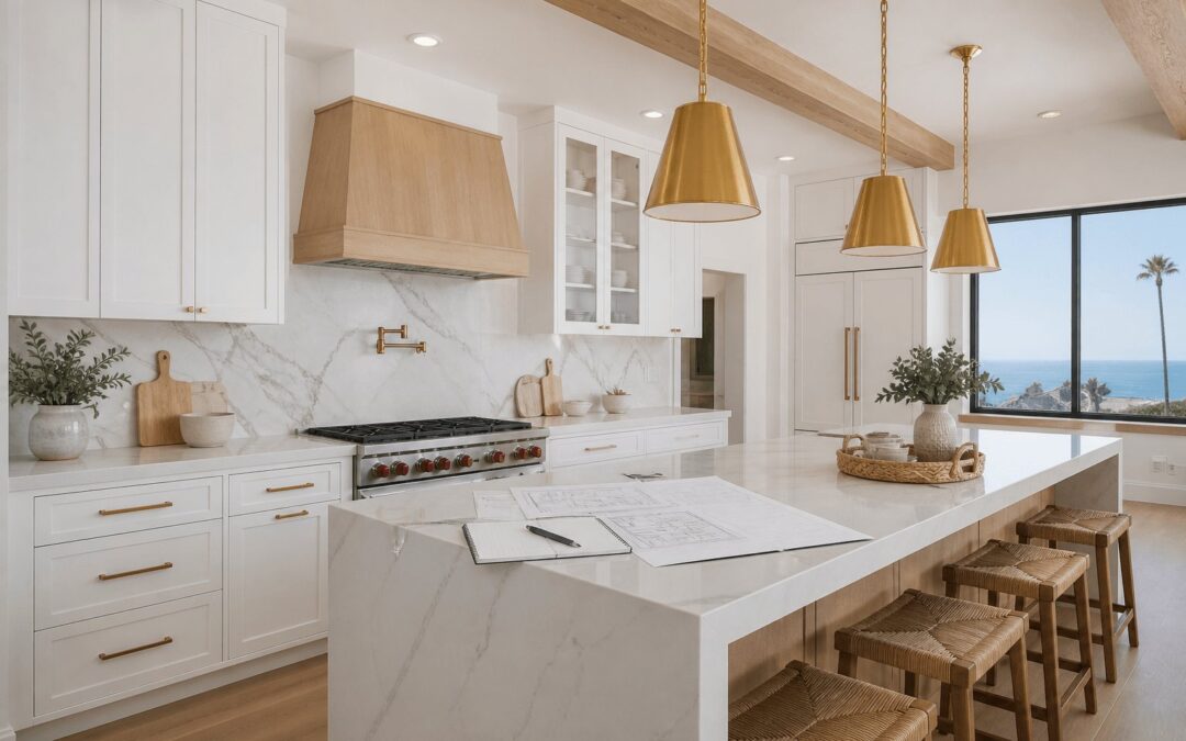 High-end full gut kitchen remodel in Santa Barbara with custom cabinetry, quartz waterfall island, and open budget plans on the counter