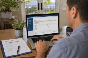 Homeowner verifying a California contractor's active license on the CSLB online lookup before signing a remodeling contract
