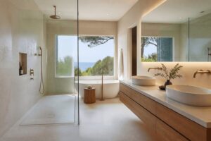 Modern Montecito primary bathroom remodel with curbless walk-in shower, large-format porcelain tile, brushed brass fixtures, and floating oak vanity