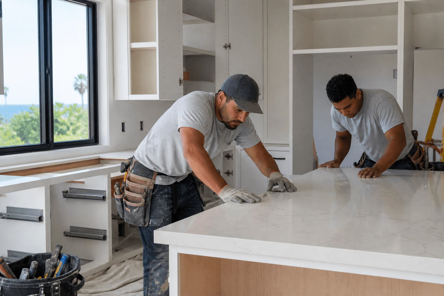 Licensed contractor team installing custom white cabinetry and quartz countertop during a coastal Santa Barbara kitchen remodel