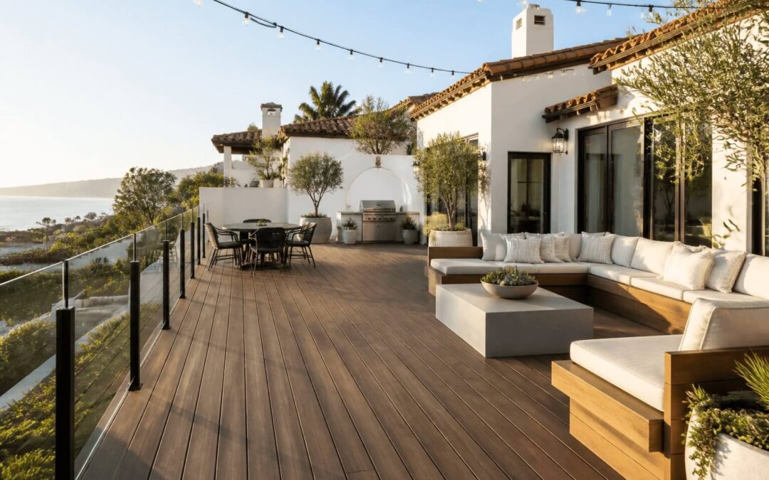 Custom-built composite deck at a coastal Santa Barbara home with built-in seating, glass railing, string lights, and ocean hillside views