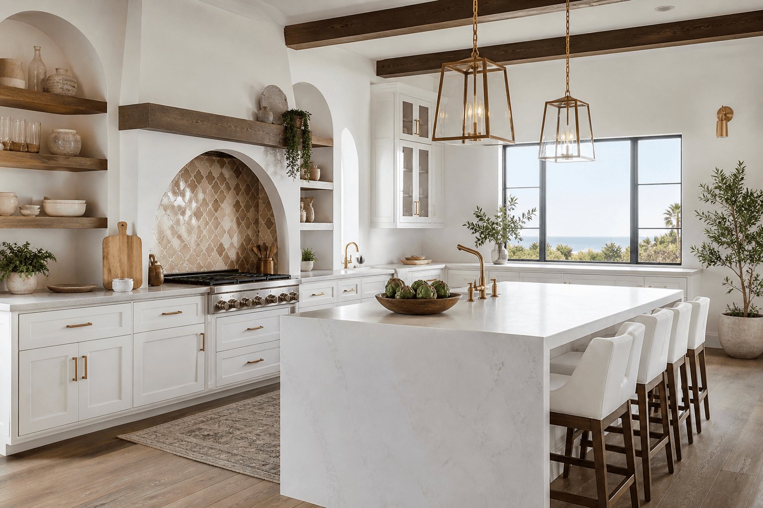 Bright remodeled luxury kitchen in Santa Barbara with white shaker cabinetry, quartz waterfall island, brass fixtures, and Spanish Colonial architectural details
