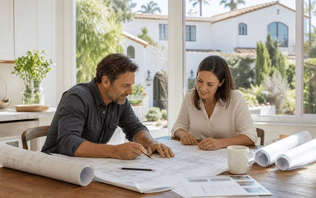 Contractor and homeowner reviewing stamped building plans and approved remodeling permit documents at a Santa Barbara home