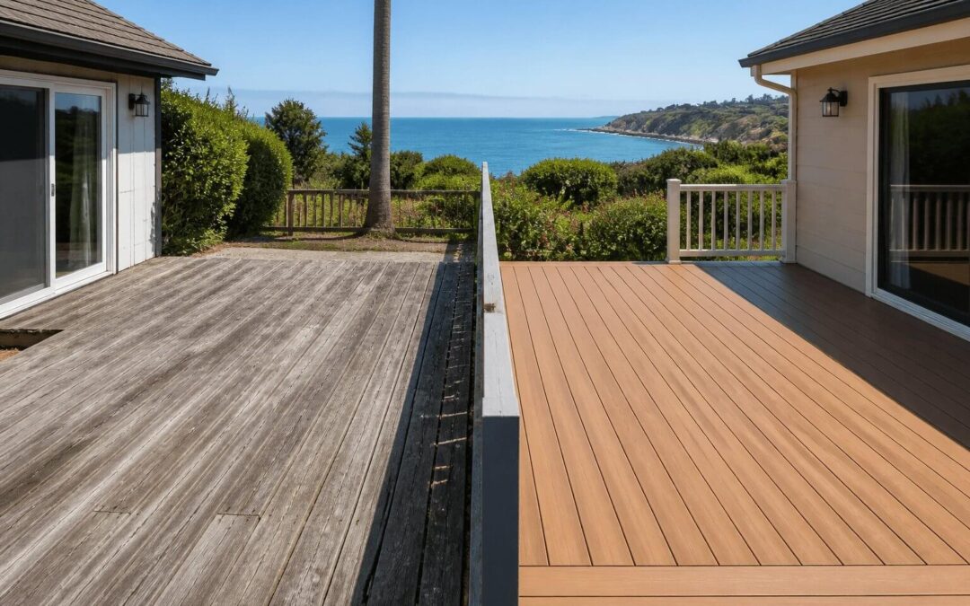 Weathered gray wood deck next to a pristine capped composite deck at neighboring coastal Santa Barbara homes showing five years of coastal exposure