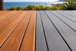 Custom Deck Building in Santa Barbara, Goleta and Montecito: Design, Materials and Cost Guide 2 Side-by-side comparison of natural cedar wood decking and grey composite decking boards on a coastal California deck